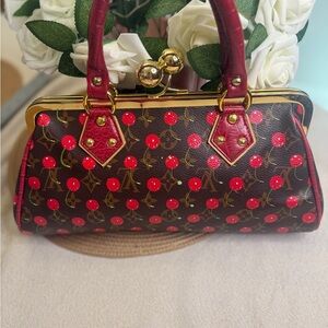 Cherry Patterned Brown and Red Handbag.